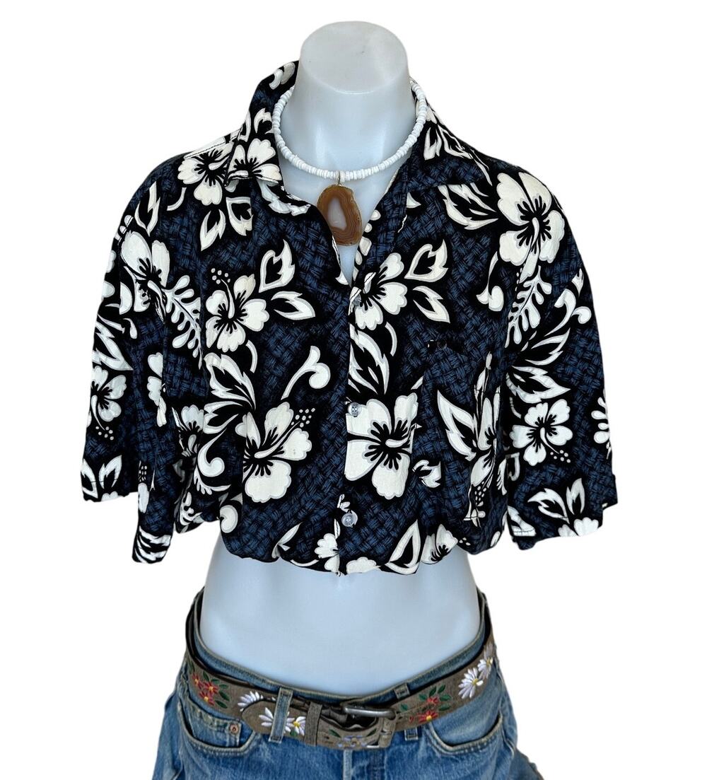 Hawaiian Shirt Hibiscus Button Down Crop Top One Size Boxy Coconutgirl Unique